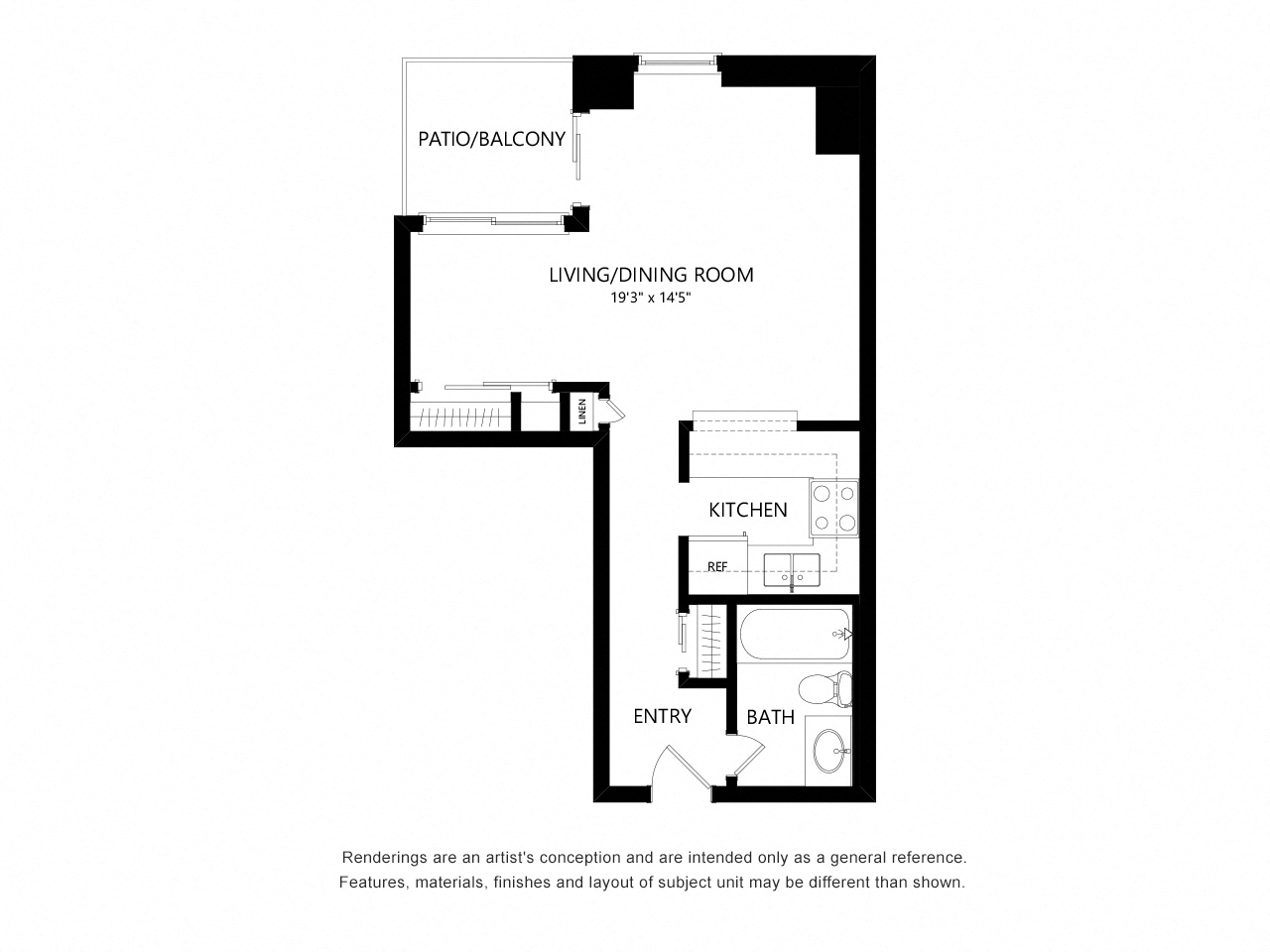 Floor plan for studio, 1 bath, 451 sqft